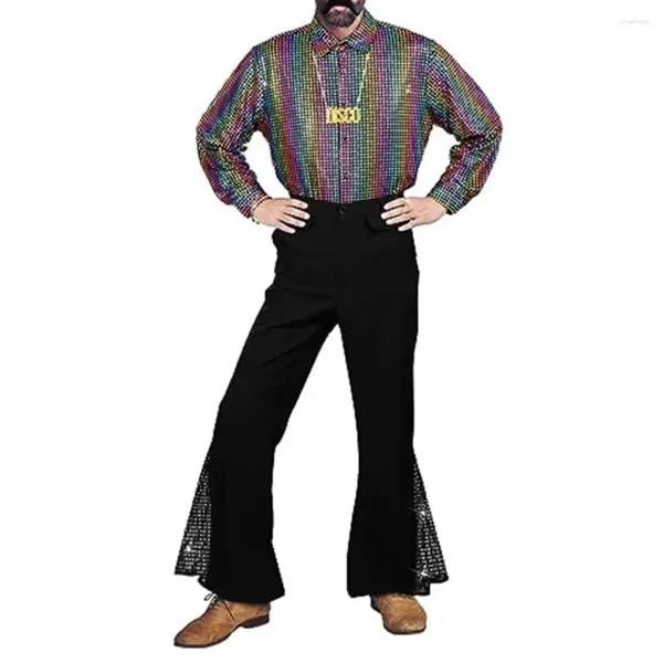 Pantalones para hombres Lentejuelas brillantes Hombres Pantalones con fondo de campana Botón Cierre con cremallera Retro Disco Dobladillo acampanado para Halloween