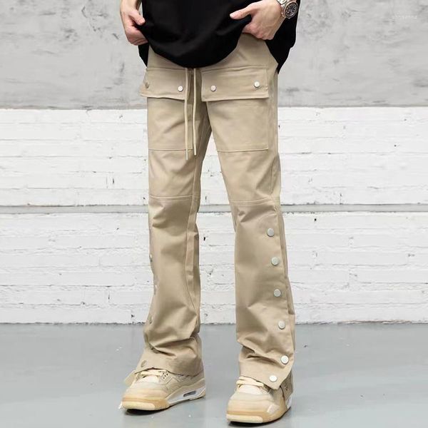 Pantalones para hombres Botón de tobillo lateral Cargo Drawstring Cargo Recto de color sólido