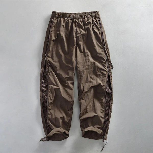 Pantalones de hombre con cremallera lateral, malla abierta, transpirables, para correr, primavera y verano, cintura elástica, pantalones informales sueltos, para exteriores, 2024