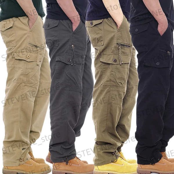 Pantalons pour hommes salopette en coton Simple pantalons décontractés pour hommes avec taille élastique grande taille pantalons décontractés à poches multiples T240326