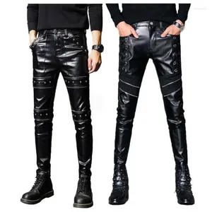 Pantalons pour hommes Skinny Biker Cuir Mens Faux Pantalon Stage Club Wear Zipper Rivet décoratif