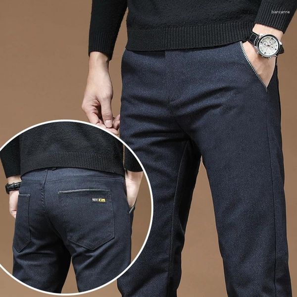 Pantalones de hombres Slim Business informal 2024 Fabrica elástica cepillada Moda coreana Straight Otoño Invierno pantalones gris negro azul