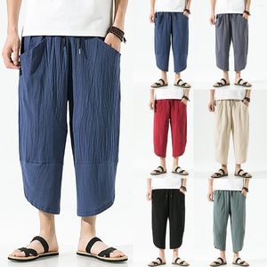 Pantalones de hombre Slim Straight Cotton Seven Point Summer Casual Dormitorio con bolsillos de pantalón de pierna abierta para hombre