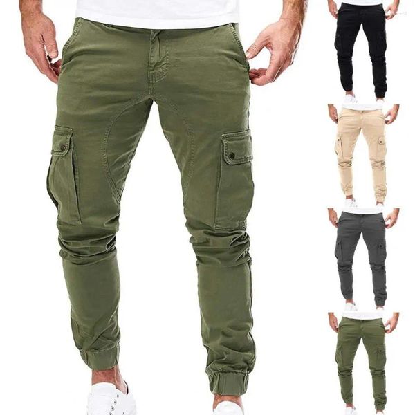 Pantalon Cargo de couleur unie pour hommes, bande à la cheville, avec plusieurs poches, cordon de serrage, taille élastique, tissu doux et respirant pour le confort