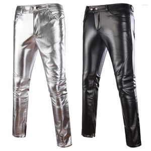 Herenbroek vaste kleur knop casual plus size mannen broek herfst winter faux lederen skinny motorfiets club performance jeans