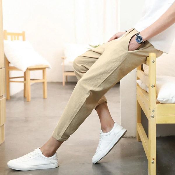Pantalon pour hommes couleur unie pantalon décontracté exercice en lin japonais mince longueur cheville pieds vêtements d'extérieur quotidiens D41