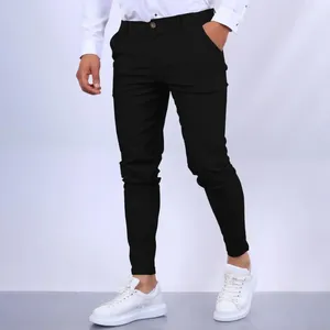 Pantalon pour hommes couleur unie élégant coupe ajustée crayon respirant Style d'affaires pantalon avec tissu doux poches pratiques fermeture éclair