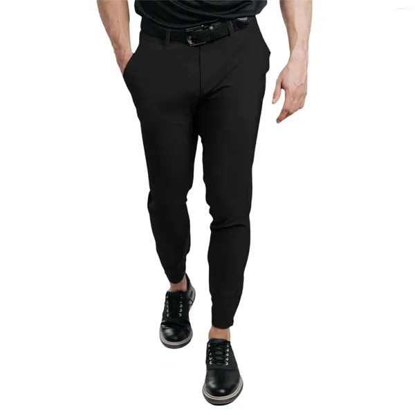 Pantalones de hombre Color sólido ajustado bolsillo cremallera negocios Casual diario Slim Fit pantalones pequeños pierna ancha ropa masculina entrenamiento