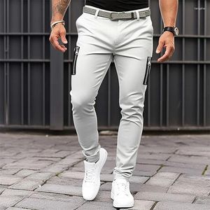 Pantalon pour homme, couleur unie, fermeture éclair, poche, serré, décontracté, Cargo, pur coton, ceinture, Leggings