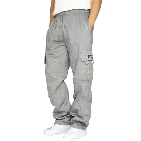 Pantalon de sport décontracté pour hommes, couleur unie, polaire, chaud, grande taille, ample, multi-poches, automne et hiver