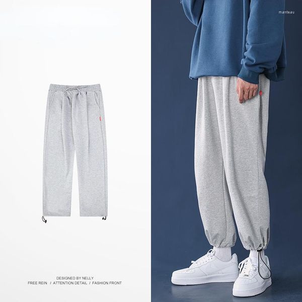 Pantalones deportivos para hombre, mallas con cordón de pierna ancha, pantalones grises de punto de otoño a la moda holgados versátiles de baloncesto FCY4743