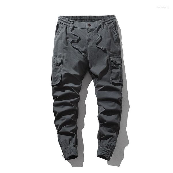 Pantalons pour hommes printemps et automne lavage à l'eau rétro pieds décontractés fermeture éclair vêtements de travail multi-poches sport coton pantalon élastique