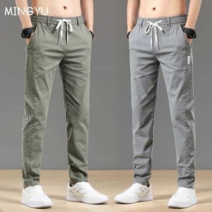 Pantalones para hombres Pantalones de algodón de algodón de primavera y verano Mensor de la cintura elástica de la cintura elástica de la cintura elástica de carga de carga gris casual 28-38L2404