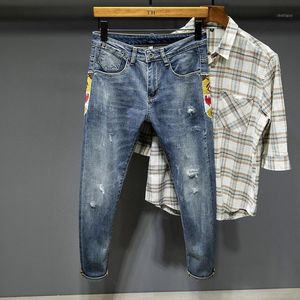 Pantalons pour hommes printemps et été brodés Jeans percés mode tendance coréenne Slim Fit Small Foot YOUTH