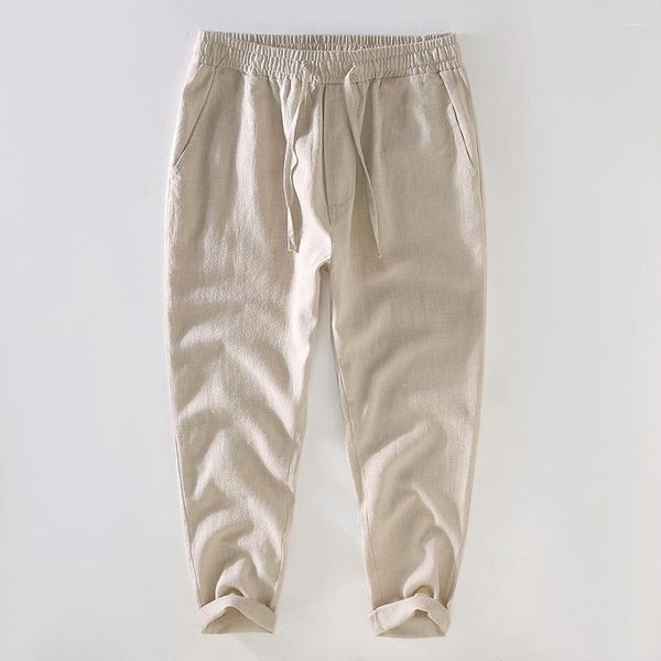 Pantalons pour hommes printemps et été taille moyenne Ramie Tether taille élastique tissu en coton et lin respirant décontracté recadré