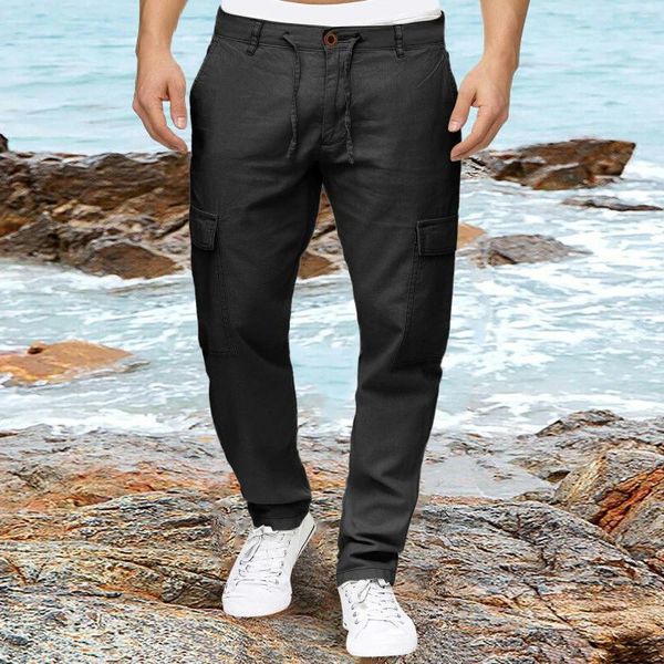 Pantalons pour hommes Printemps et été Tube droit en coton de couleur unie avec plusieurs poches à glissière Cargo Memory Boy