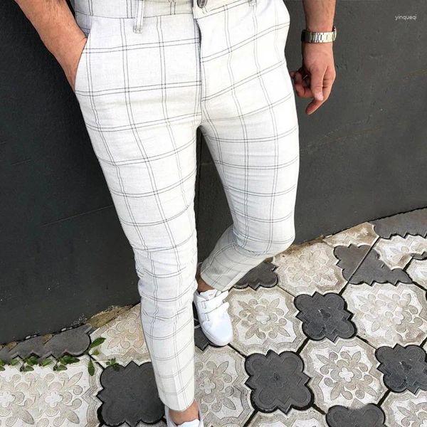 Pantalones para hombres Primavera Otoño Ropa de moda casual Lápiz a cuadros Pantalones delgados de cintura media para hombres