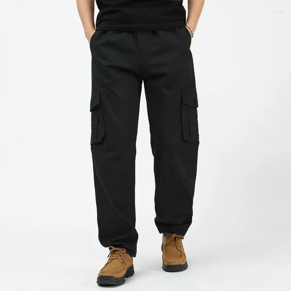 Pantalones de hombre primavera otoño bolsillos elásticos cintura alta botón sólido Casual suelta pierna ancha ropa de trabajo pantalones moda Vintage