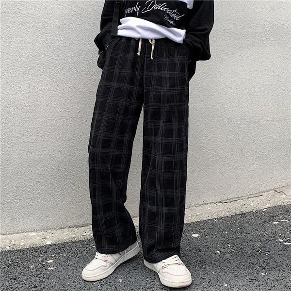 Pantalones para hombres Primavera Casual Plaid Hombres Pierna ancha Vintage BF Pareja Pantalones rectos Streetwear Harajuku Mopping Oversize S-3XL