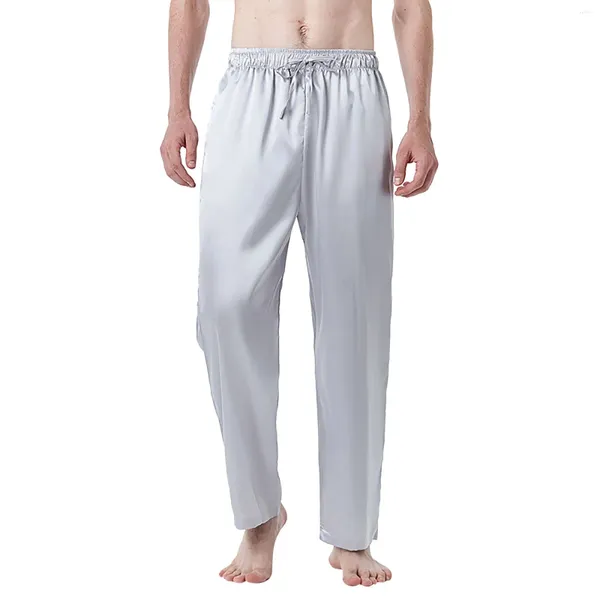 Pantalones para hombres Primavera para hombre Color sólido Pijamas de seda Código europeo Simulación casual Hombres Ropa suelta Pantalones con cordón