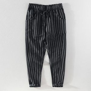 Pantalon homme printemps été coton lin hommes cheville longueur élastique cordon taille rayé poche noir décontracté pantalon ample mâle