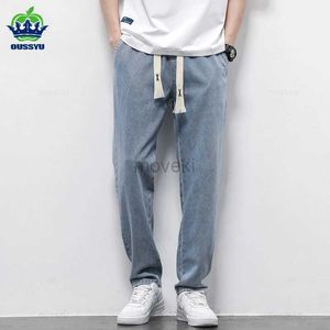 Herenbroek lente zomer heren jeans katoen zacht trekkoord rechte broek elastische taille vintage Korea casual broek mannelijke plus size s-5xl d240425