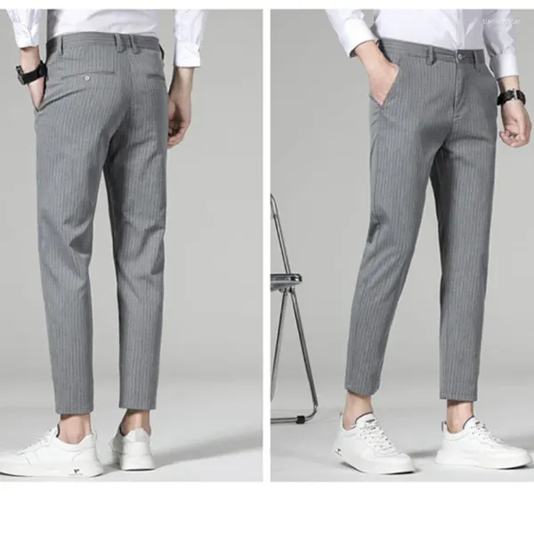 Pantalones para hombres Primavera Verano Traje de rayas Hombres Thin Business Classic Light Grey Black Straight Coreano Pantalones formales Masculinos