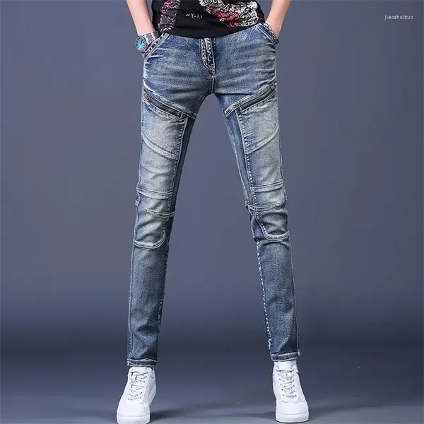 Pantalones para hombres jeans de lavado de primavera estilo coreano empalacado azul vintage carga strech pantals pantalones calles calles ropa