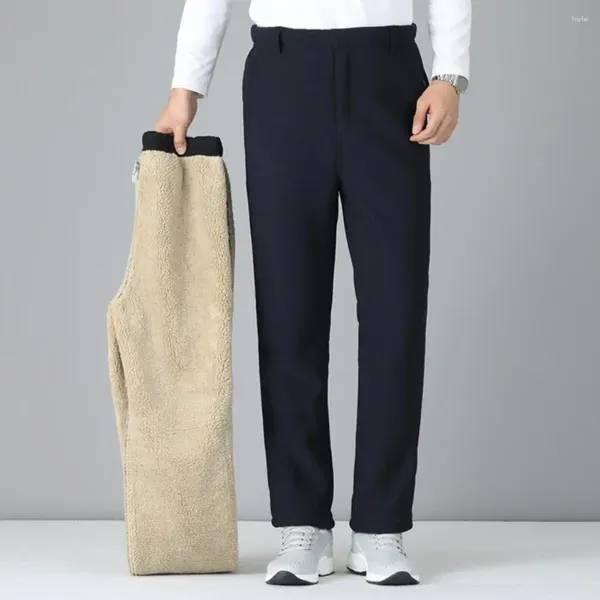 Pantalones para hombres Traje de pierna recta Color sólido de invierno de mediana edad con cintura alta elástica Forro polar engrosado a prueba de viento