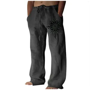 Pantalon pour hommes droit ample décontracté rétro imprimé solide coton lin pantalon cordon taille élastique bas confortable