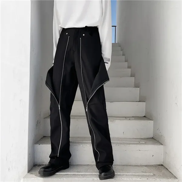 Pantalones para hombre, diseño de cremallera recta, pantalones casuales ajustados a la moda, cintura media, elegante puesta en escena en blanco y negro