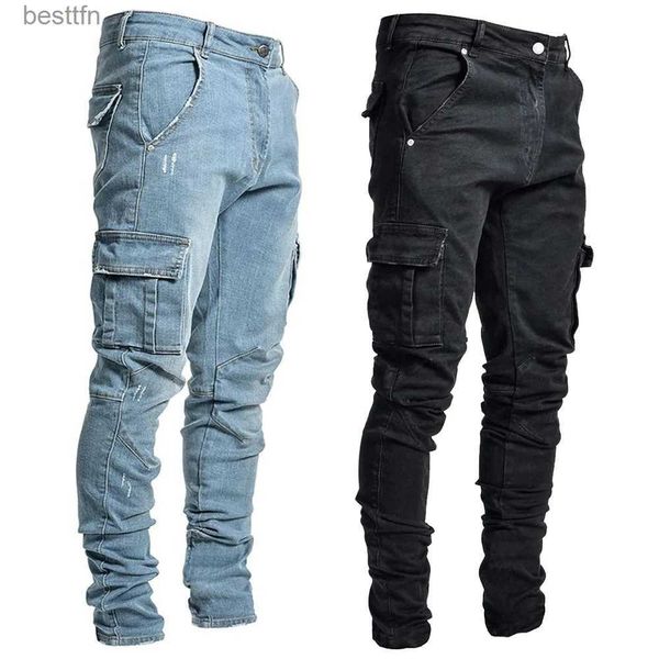 Pantalon masculin Street Jeans élastique Pantalon de cargaison de denim de jean lavage de couleur massive LTI POCHETS CONCUTER LA TAILLE MIDE TAILLE SLIM FIT