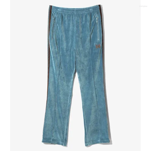 Pantalones para hombres Moda callejera Agujas de terciopelo Gris oscuro Cinta roja Pantalones de chándal Hombres Mujeres 1: 1 Cordón Bordado Mariposa AWGE