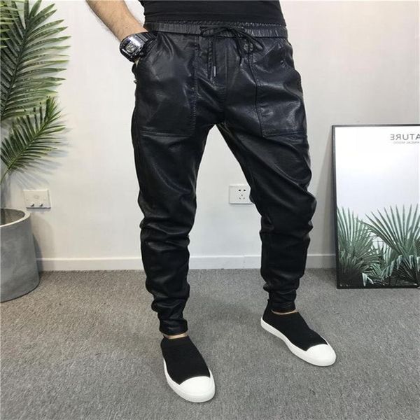 Pantalones para hombres Streetwear Hip Hop Hombres Flacos Cuero de imitación Tallas grandes Biker Harem Pantalones Joggers Black2769