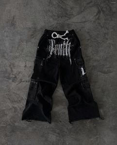 Pantalon pour hommes jeans streetwear y2k lettre hip hop rétro noire multi-poche cargo baggy arme bands blanc