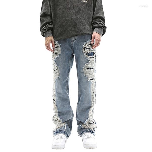 Pantalones de hombre Streetwear Joggers Denim Cargo Side Broken Hole Stripe para hombres