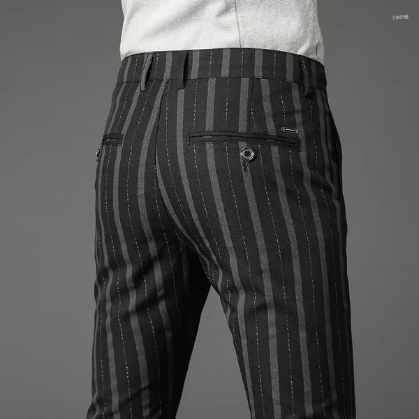 Pantalones para hombres rayado primavera casual cómoda negocio elástico delgado rectas pantalones de moda británicos pantalones negros rojo