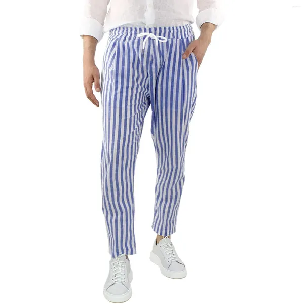 Pantalon pour hommes rayé coton lin pantalon printemps été léger respirant pantalon décontracté tout-Match cordon taille crayon