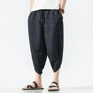 Pantalon masculin à rayures à jambes larges d'été recadré avec une taille de cordon élastique vertical pour le streetwear