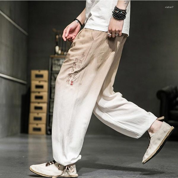 Pantalons pour hommes Style 2023 chinois été mince grande taille broderie coton lin décontracté mâle dégradé couleur lâche Joggers hommes vêtements