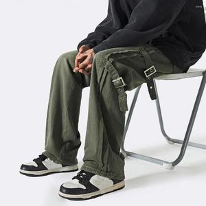 Pantalones de hombre Pantalones cargo elegantes de talle medio con diseño de hebilla lateral Pierna recta ancha para una larga duración