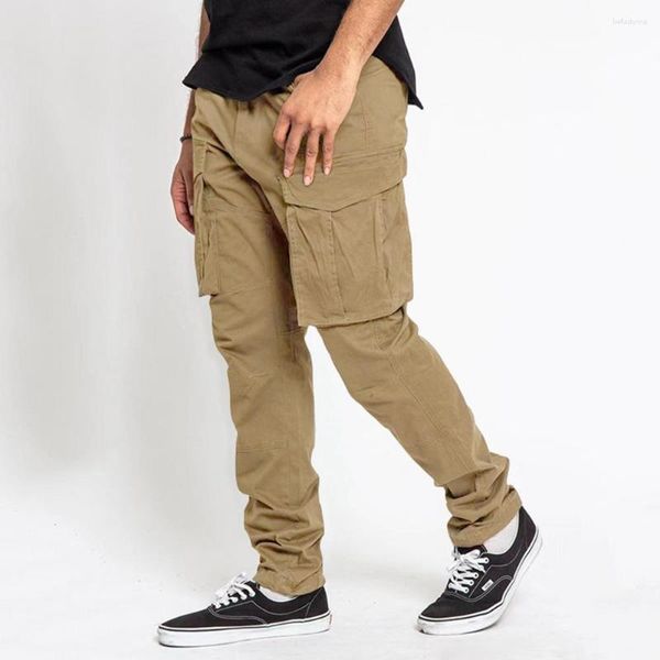 Pantalones de hombre con bolsillos deportivos con estilo, transpirables, de Color puro, informales, rectos, para entrenamiento, ropa de calle Cargo con tacto de piel