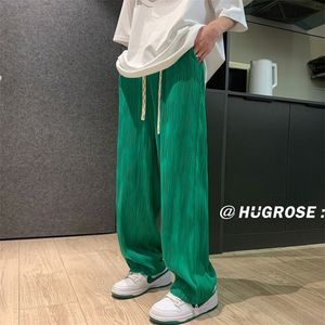 Pantalon masculin d'été 3color plissé de mode décontracté wideleg streetwear coréen lâche lâche glace silk s pantalon 220922