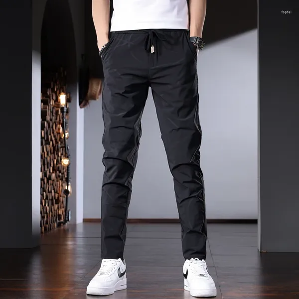 Pantalones de hombre Pantalones de verano con rayas negras y rectas para hombre, informales, ligeros, ajustados, con cintura elástica y cordón