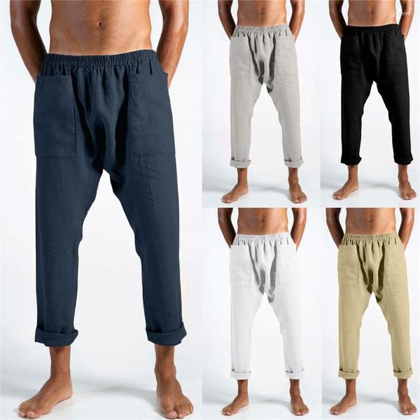 Pantalon homme été mélange lin Sarouel grande poche crayon grande taille 3XL pantalon décontracté Streetwear coton vêtements de plage
