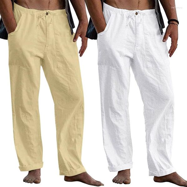 Pantalones de hombre de verano Casual de algodón y lino de pierna ancha de gran tamaño Youga pantalones transpirables sólidos para hombre ropa de calle deportiva