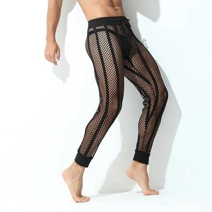 Pantalon masculin pantalon pour hommes décontractés avec pantalons de cheville respirante pyjamas avec une large ceinture creux rayures en mailles sissy sissy sexy pantl2405