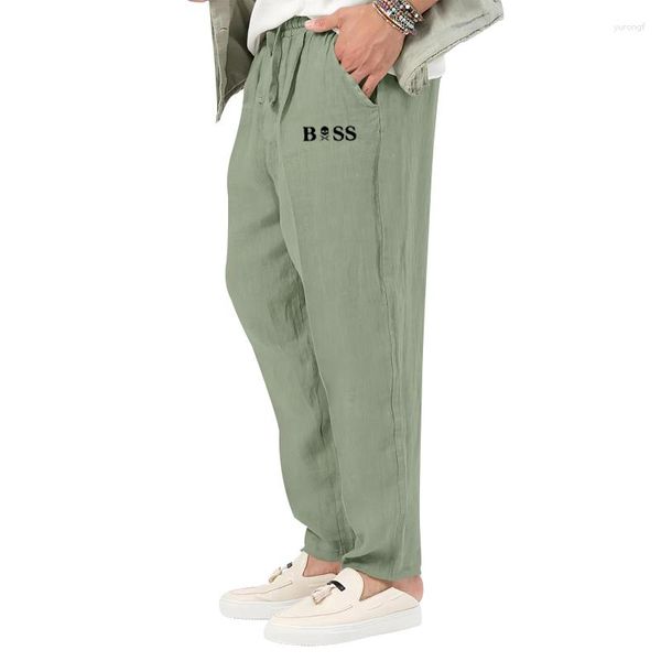 Pantalones de hombre Pantalones de algodón y lino de verano Moda Color sólido Cintura elástica Suelta Pierna recta Capri Casual