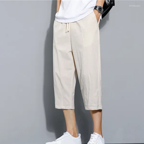 Pantalon masculin lin coton d'été pour hommes couleurs une taille élastique à la taille élastique lâche coupée houle respirante bourse de cargaison