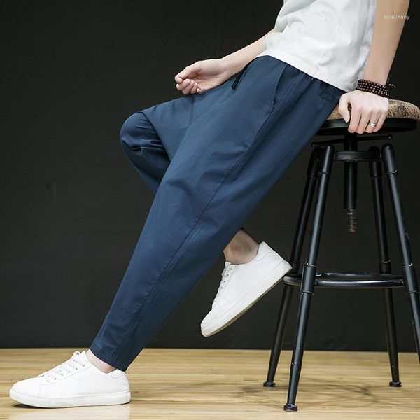 Pantalones de hombre de lino y algodón de verano, pantalones harén informales con cintura elástica, pantalones cruzados, pantalones rectos holgados hasta el tobillo para hombre